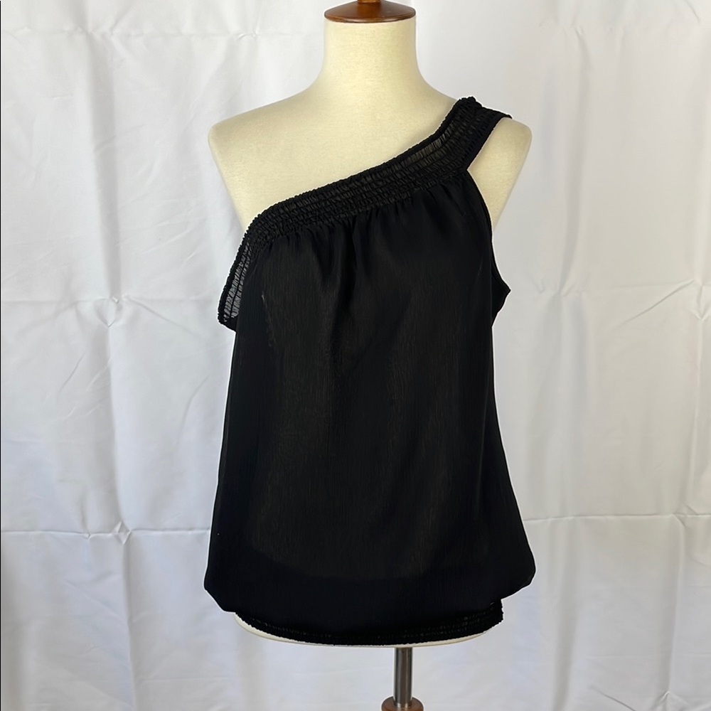Guess One-Shoulder Black Chiffon Blouse w/Smocked Neckline and Hem - Size Large